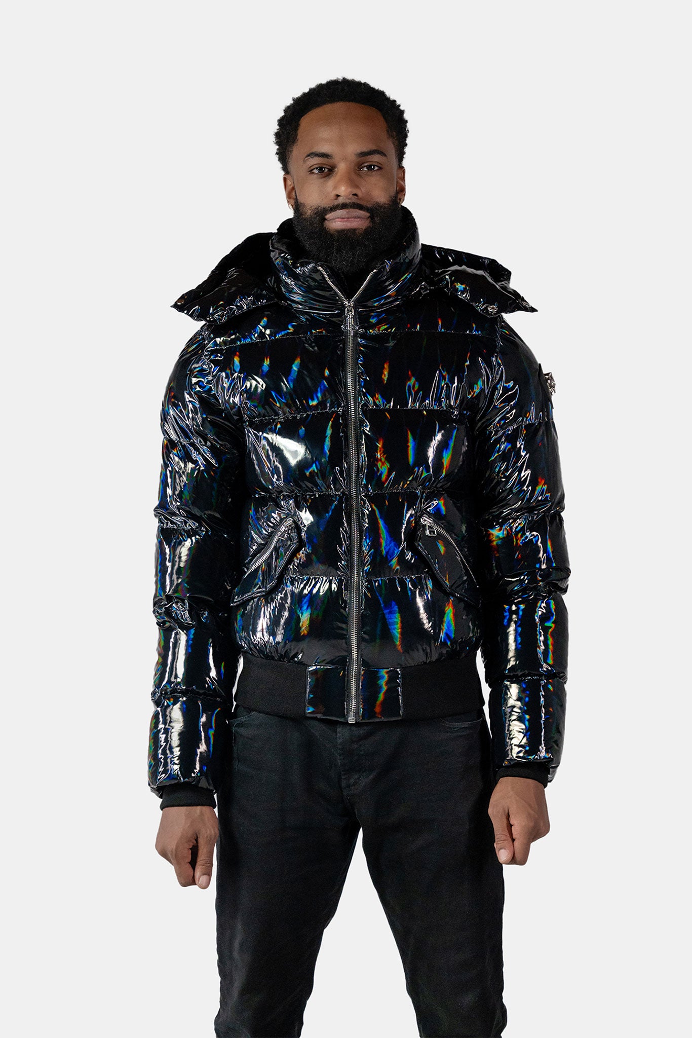 Hood Black Shiny Puffer Jacket Mens Shiny Puffer Jackets Bubble