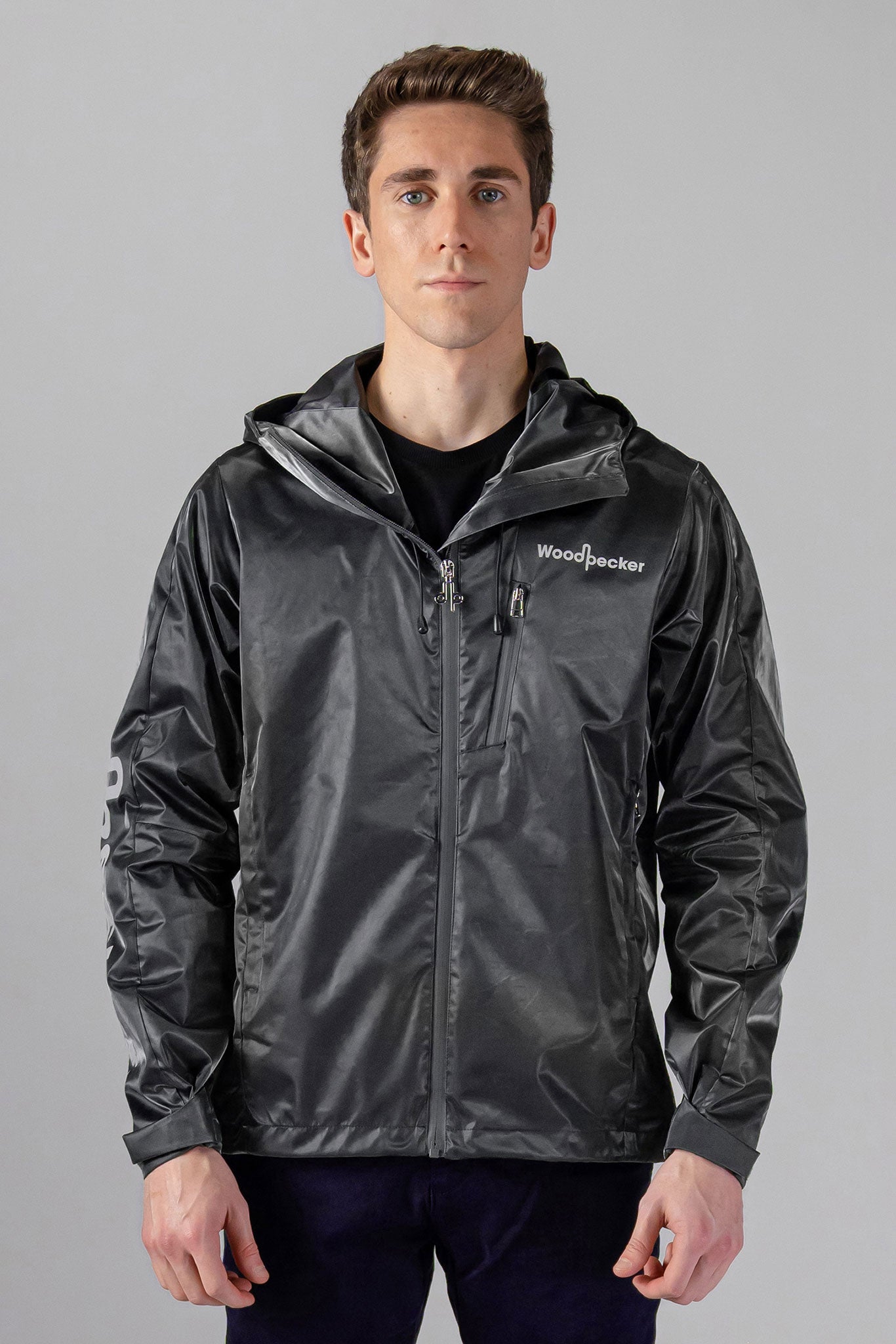 Woodpecker Men's Wind Shell coat. High-end Canadian designer activewear coat for men in "Black Diamond" colour. Woodpecker coat designed in Canada. Moose Knuckles, Canada Goose, Mackage, Montcler, Will Poho, Willbird, Nic Bayley