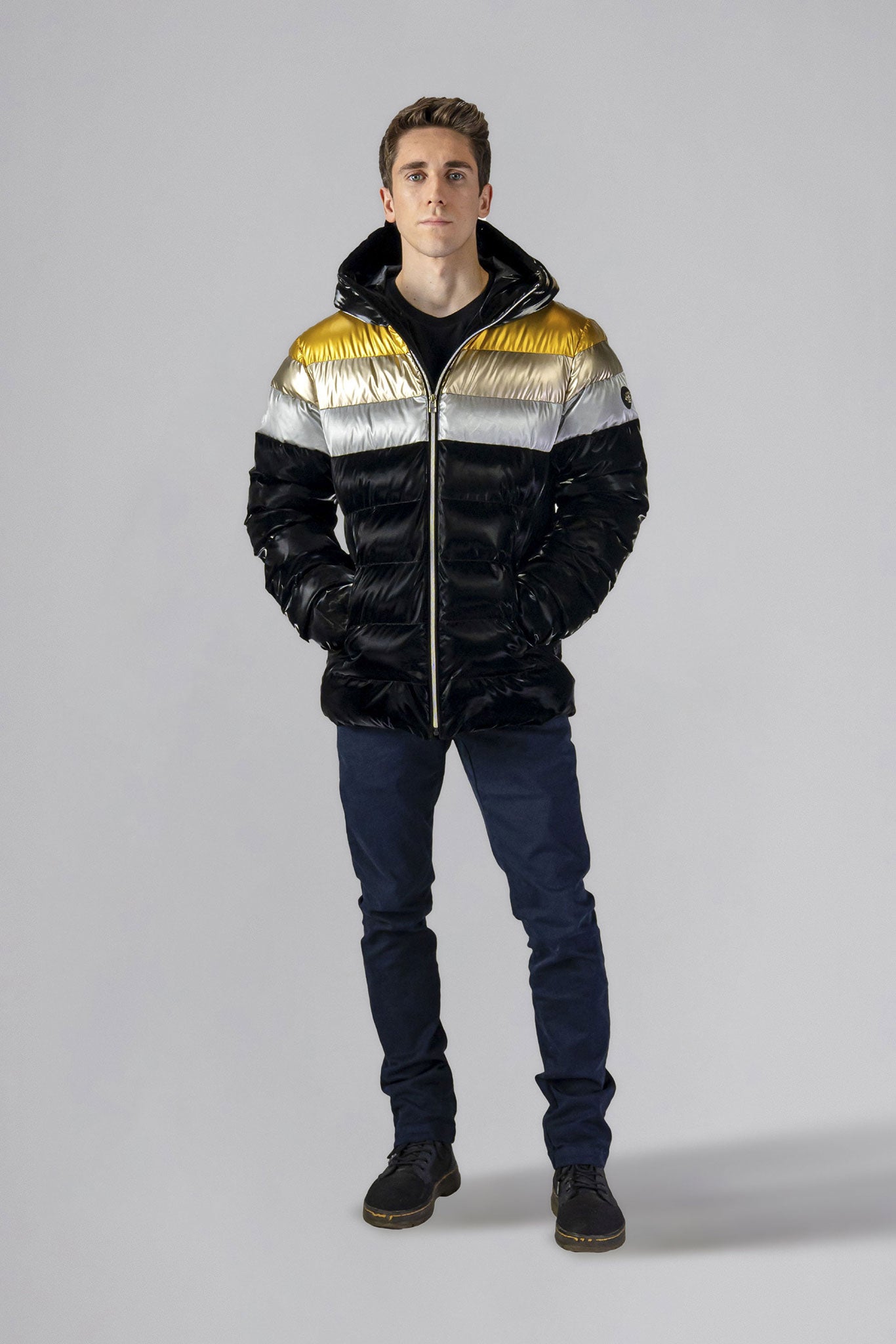 High-end Canadian designer winter coat for men in "Firebird" colour. Woodpecker cruelty-free winter coat designed in Canada. Men's medium weight medium length premium designer jacket for winter. Superior quality warm winter coat for men. Moose Knuckles, Canada Goose, Mackage, Montcler, Will Poho, Willbird, Nic Bayley. Shiny parka. Stylish winter jacket. Designer winter coat.