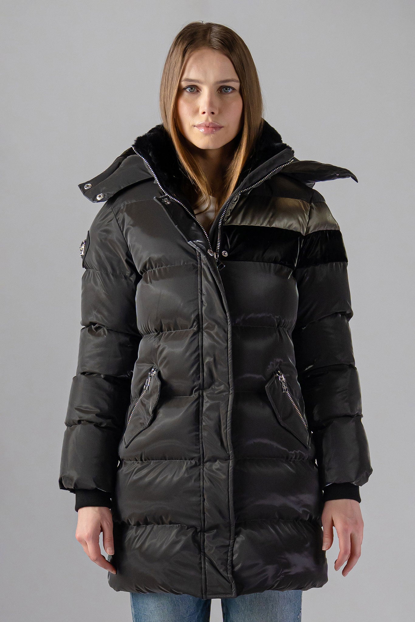 Woodpecker Women's Penguin Long Winter coat. High-end Canadian designer winter coat for women in "Magnum" Grey colour. Woodpecker cruelty-free winter coat designed in Canada. Women's heavy weight long length premium designer jacket for winter. Superior quality warm winter coat for women. Moose Knuckles, Canada Goose, Mackage, Montcler, Will Poho, Willbird, Nic Bayley. Extra warm. Shiny parka. Stylish winter jacket. Designer winter coat.