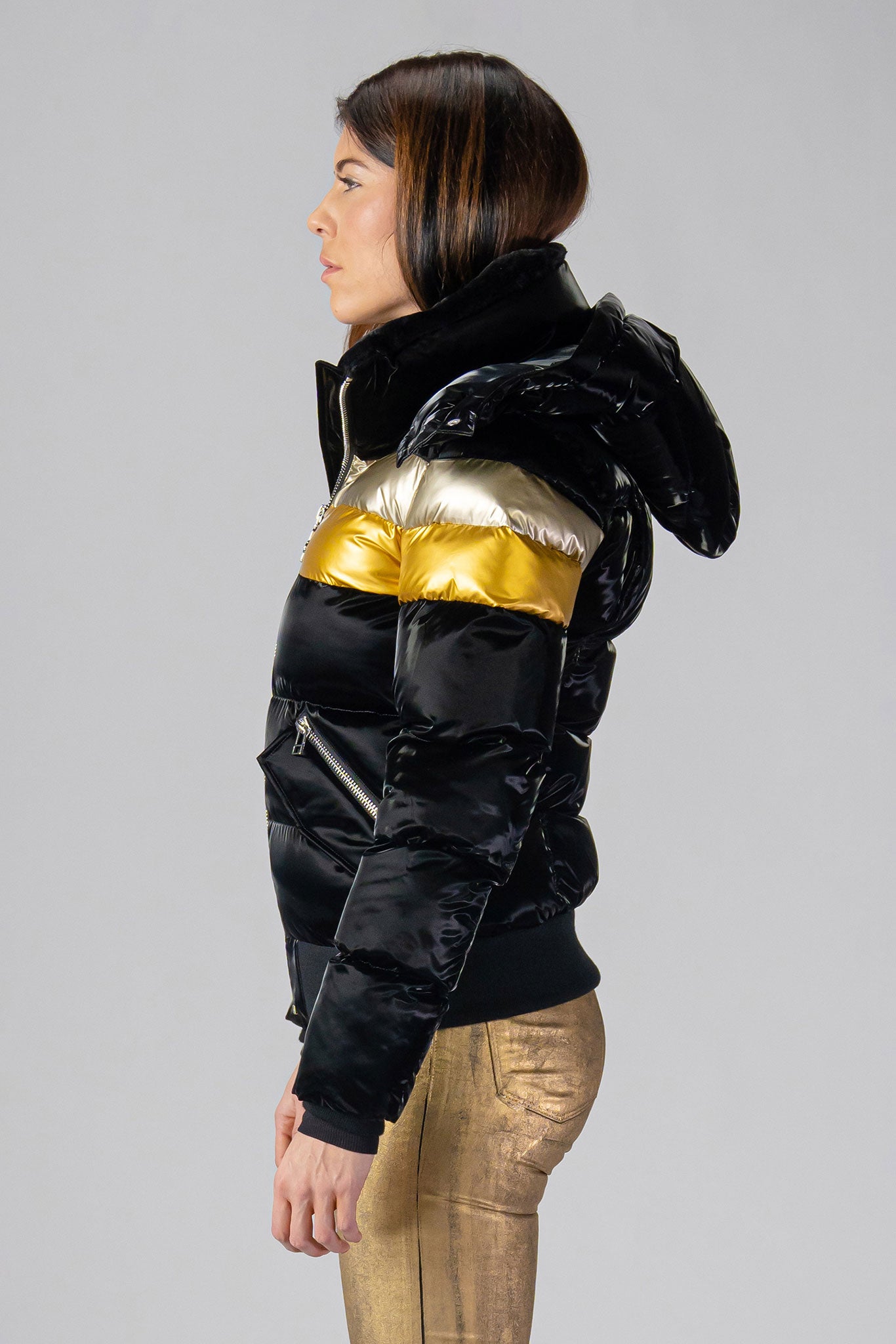 Woodpecker Women's Woody Bomber Winter coat. High-end Canadian designer winter coat for women in "Firebird" colour. Woodpecker cruelty-free winter coat designed in Canada. Women's heavy weight short length premium designer jacket for winter. Superior quality warm winter coat for women. Moose Knuckles, Canada Goose, Mackage, Montcler, Will Poho, Willbird, Nic Bayley. Shiny parka. Stylish winter jacket. Designer winter coat.