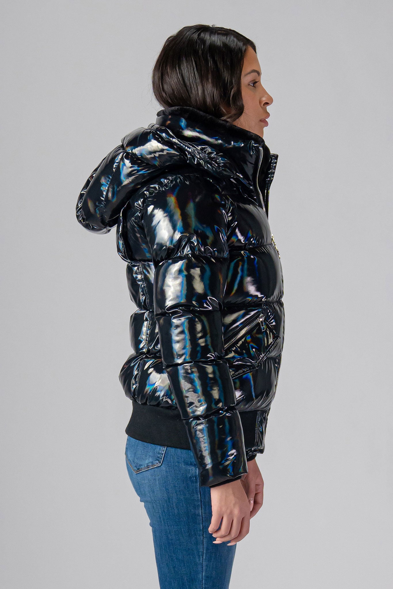 Woodpecker Women's Woody Bomber Winter coat. High-end Canadian designer winter coat for women in "Oily Black" colour. Woodpecker cruelty-free winter coat designed in Canada. Women's heavy weight short length premium designer jacket for winter. Superior quality warm winter coat for women. Moose Knuckles, Canada Goose, Mackage, Montcler, Will Poho, Willbird, Nic Bayley. Shiny parka. Stylish winter jacket. Designer winter coat.