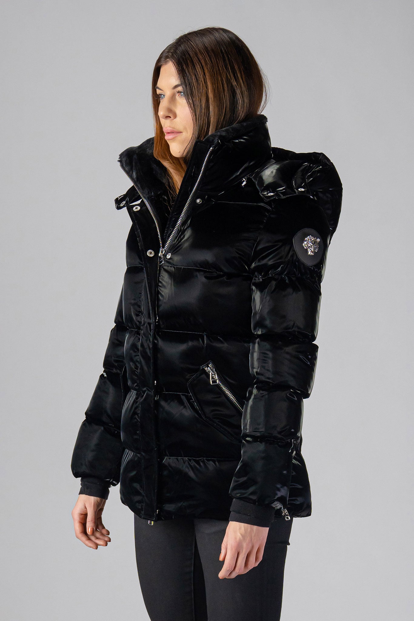 Black shiny parka coat hotsell