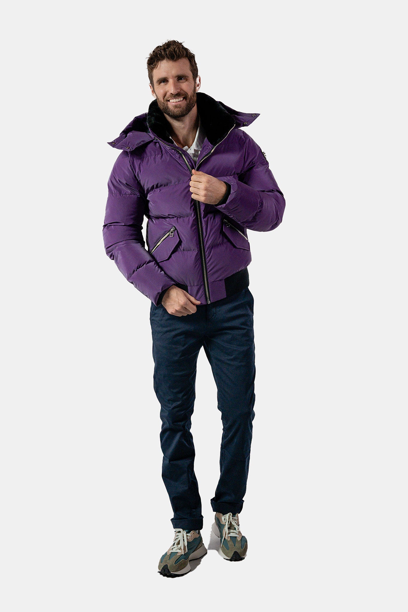 Woodpecker Men&#39;s Woody Bomber Winter coat. High-end Canadian designer winter coat for men in &quot;Purple Diamond&quot; colour. Woodpecker cruelty-free winter coat designed in Canada. Men&#39;s heavy weight short length premium designer jacket for winter. Superior quality warm winter coat for men. Moose Knuckles, Canada Goose, Mackage, Montcler, Will Poho, Willbird, Nic Bayley. Shiny parka. Stylish winter jacket. Designer winter coat.