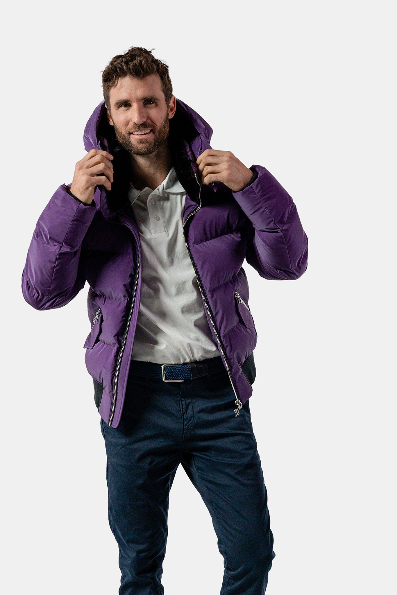 Woodpecker Men&#39;s Woody Bomber Winter coat. High-end Canadian designer winter coat for men in &quot;Purple Diamond&quot; colour. Woodpecker cruelty-free winter coat designed in Canada. Men&#39;s heavy weight short length premium designer jacket for winter. Superior quality warm winter coat for men. Moose Knuckles, Canada Goose, Mackage, Montcler, Will Poho, Willbird, Nic Bayley. Shiny parka. Stylish winter jacket. Designer winter coat.