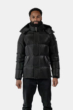 Load image into Gallery viewer, Woodpecker Men&#39;s Bumnester Bomber Winter coat. High-end Canadian designer winter coat for men in &quot;Black Diamond&quot; colour. Woodpecker cruelty-free winter coat designed in Canada. Men&#39;s heavy weight medium length premium designer jacket for winter. Superior quality warm winter coat for men. Moose Knuckles, Canada Goose, Mackage, Montcler, Will Poho, Willbird, Nic Bayley. Shiny parka. Stylish winter jacket. Designer winter coat.
