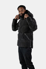 Load image into Gallery viewer, Woodpecker Men&#39;s Bumnester Bomber Winter coat. High-end Canadian designer winter coat for men in &quot;Black Diamond&quot; colour. Woodpecker cruelty-free winter coat designed in Canada. Men&#39;s heavy weight medium length premium designer jacket for winter. Superior quality warm winter coat for men. Moose Knuckles, Canada Goose, Mackage, Montcler, Will Poho, Willbird, Nic Bayley. Shiny parka. Stylish winter jacket. Designer winter coat.
