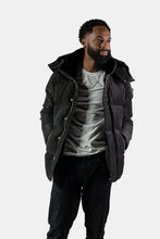 Load image into Gallery viewer, Woodpecker Men&#39;s Bumnester Bomber Winter coat. High-end Canadian designer winter coat for men in &quot;Black Diamond&quot; colour. Woodpecker cruelty-free winter coat designed in Canada. Men&#39;s heavy weight medium length premium designer jacket for winter. Superior quality warm winter coat for men. Moose Knuckles, Canada Goose, Mackage, Montcler, Will Poho, Willbird, Nic Bayley. Shiny parka. Stylish winter jacket. Designer winter coat.
