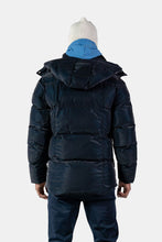 Load image into Gallery viewer, Woodpecker Men&#39;s Bumnester Bomber Winter coat. High-end Canadian designer winter coat for men in &quot;Blue Diamond&quot; colour. Woodpecker cruelty-free winter coat designed in Canada. Men&#39;s heavy weight medium length premium designer jacket for winter. Superior quality warm winter coat for men. Moose Knuckles, Canada Goose, Mackage, Montcler, Will Poho, Willbird, Nic Bayley. Shiny parka. Stylish winter jacket. Designer winter coat.
