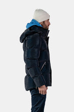 Load image into Gallery viewer, Woodpecker Men&#39;s Bumnester Bomber Winter coat. High-end Canadian designer winter coat for men in &quot;Blue Diamond&quot; colour. Woodpecker cruelty-free winter coat designed in Canada. Men&#39;s heavy weight medium length premium designer jacket for winter. Superior quality warm winter coat for men. Moose Knuckles, Canada Goose, Mackage, Montcler, Will Poho, Willbird, Nic Bayley. Shiny parka. Stylish winter jacket. Designer winter coat.
