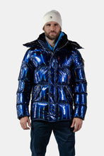 Load image into Gallery viewer, Woodpecker Men&#39;s Bumnester Bomber Winter coat. High-end Canadian designer winter coat for men in &quot;Oily Blue&quot; colour. Woodpecker cruelty-free winter coat designed in Canada. Men&#39;s heavy weight medium length premium designer jacket for winter. Superior quality warm winter coat for men. Moose Knuckles, Canada Goose, Mackage, Montcler, Will Poho, Willbird, Nic Bayley. Shiny parka. Stylish winter jacket. Designer winter coat.
