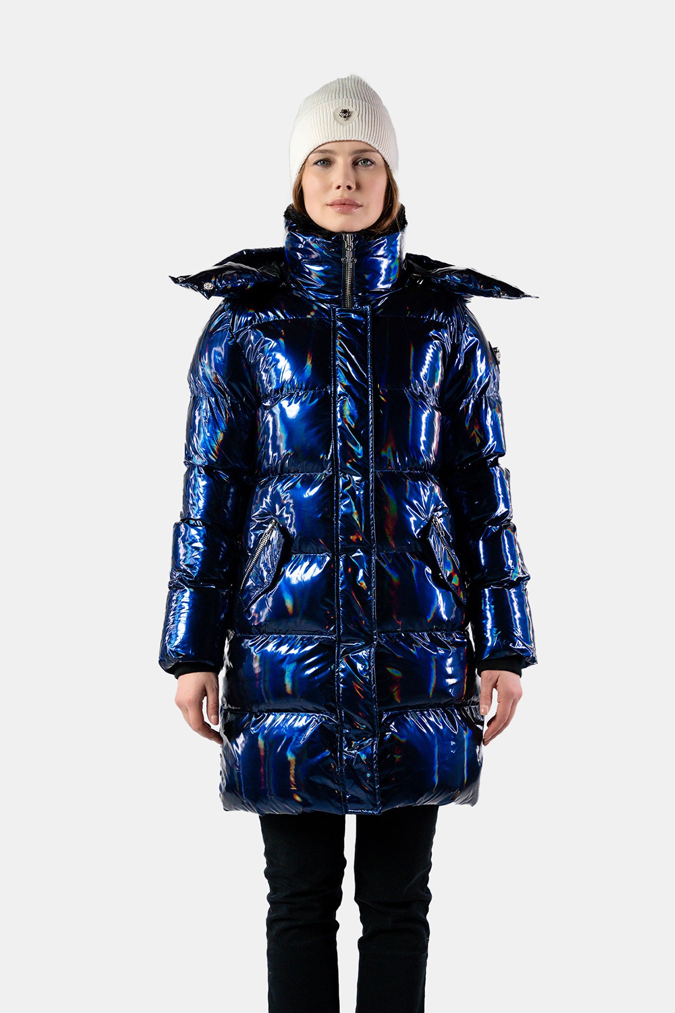 Women Long Winter Jacket in Oily Blue Color