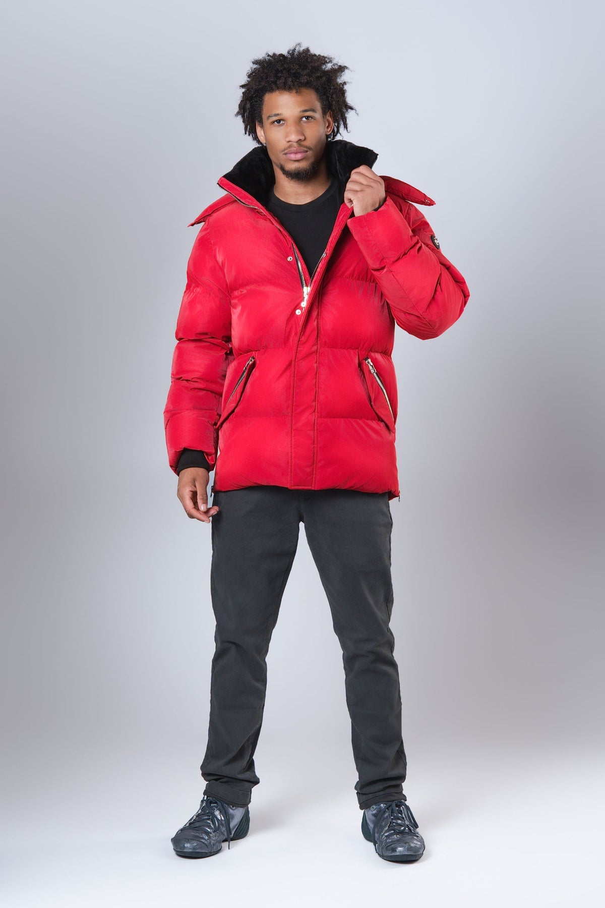 Man wearing the Bumnester 3/4 winter coat in Red Diamond