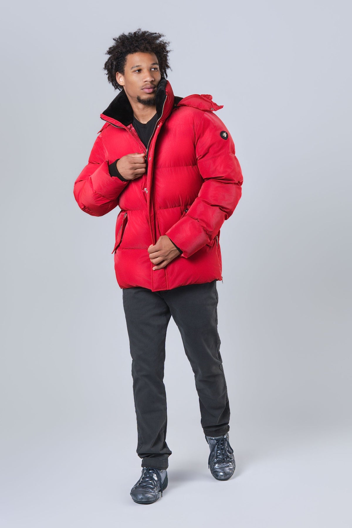 Man wearing the Bumnester 3/4 winter coat in Red Diamond