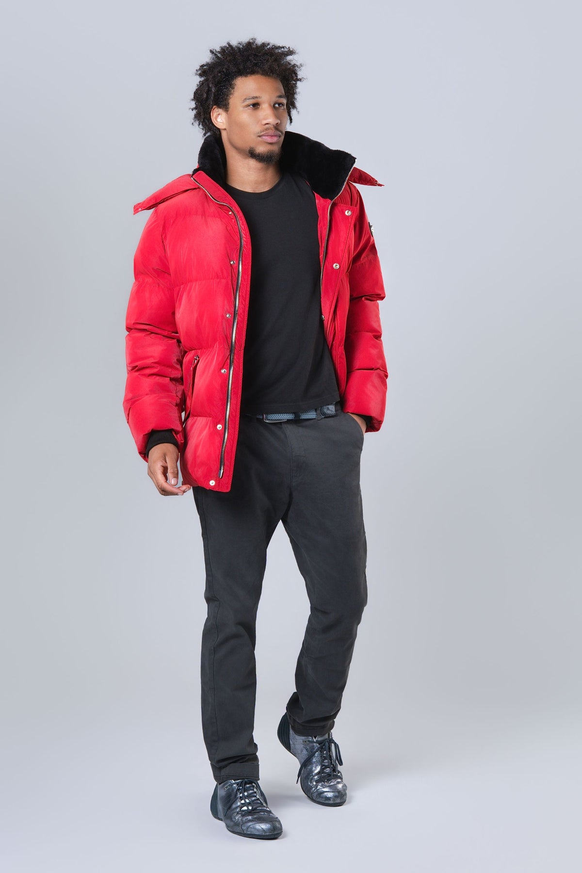 Man wearing the Bumnester 3/4 winter coat in Red Diamond