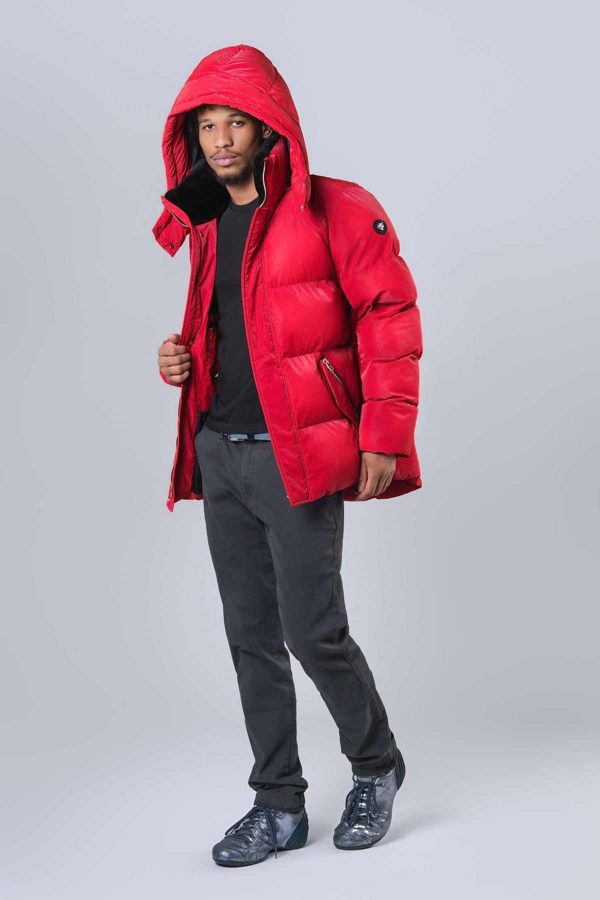 Man wearing the Bumnester 3/4 winter coat in Red Diamond