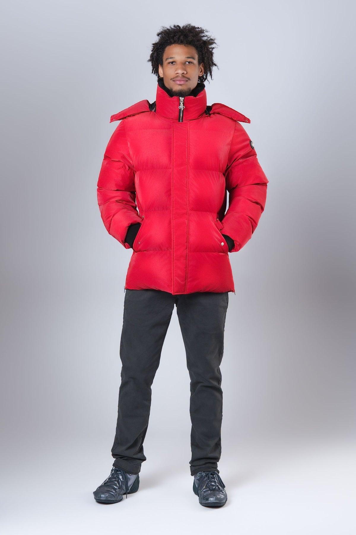 Man wearing the Bumnester 3/4 winter coat in Red Diamond