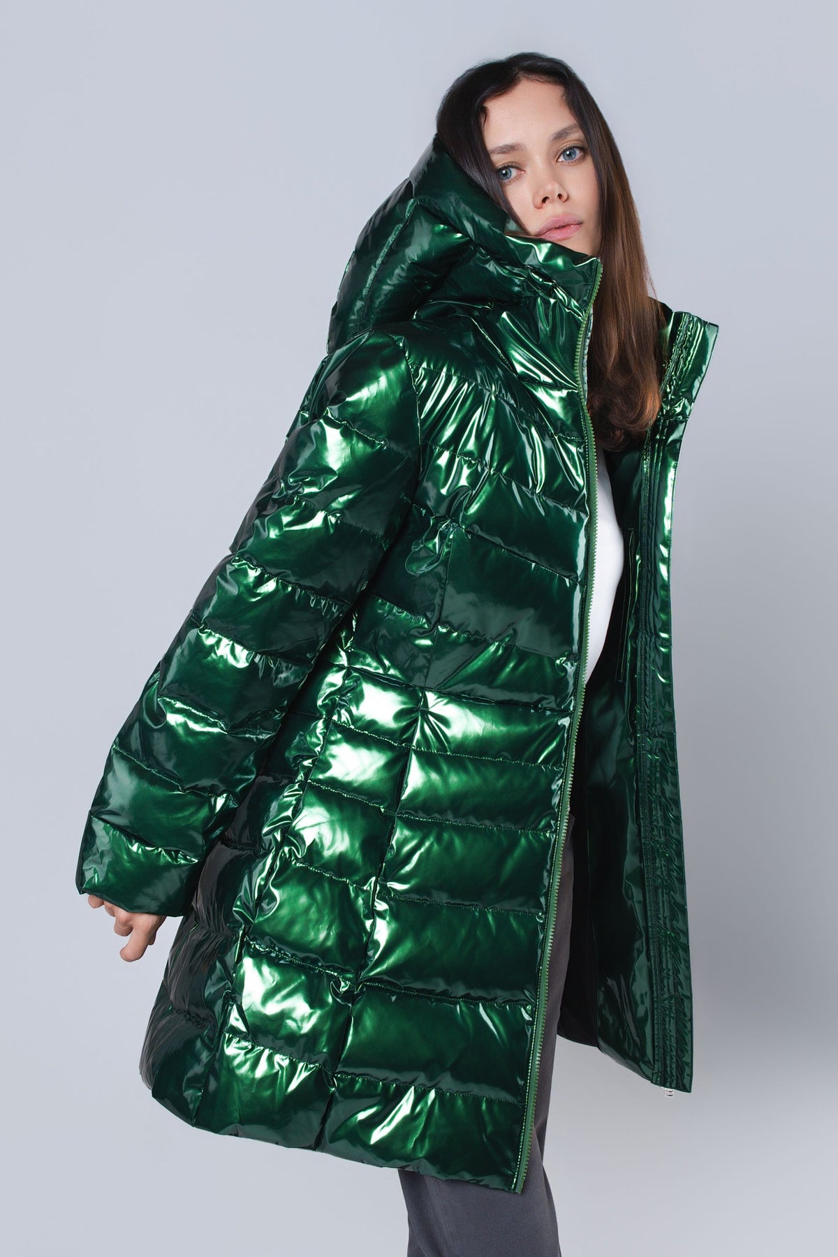 Women's Medium Weight Long Robin Coat - Glossy Green