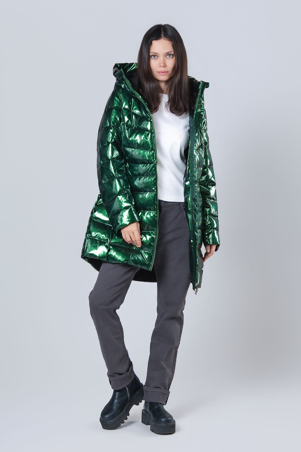 Women's Medium Weight Long Robin Coat - Glossy Green