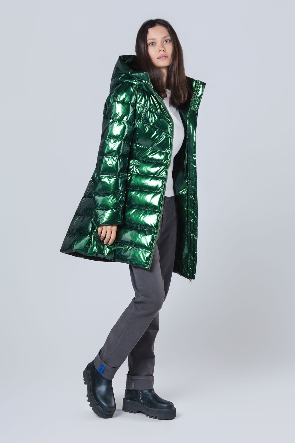 Women's Medium Weight Long Robin Coat - Glossy Green