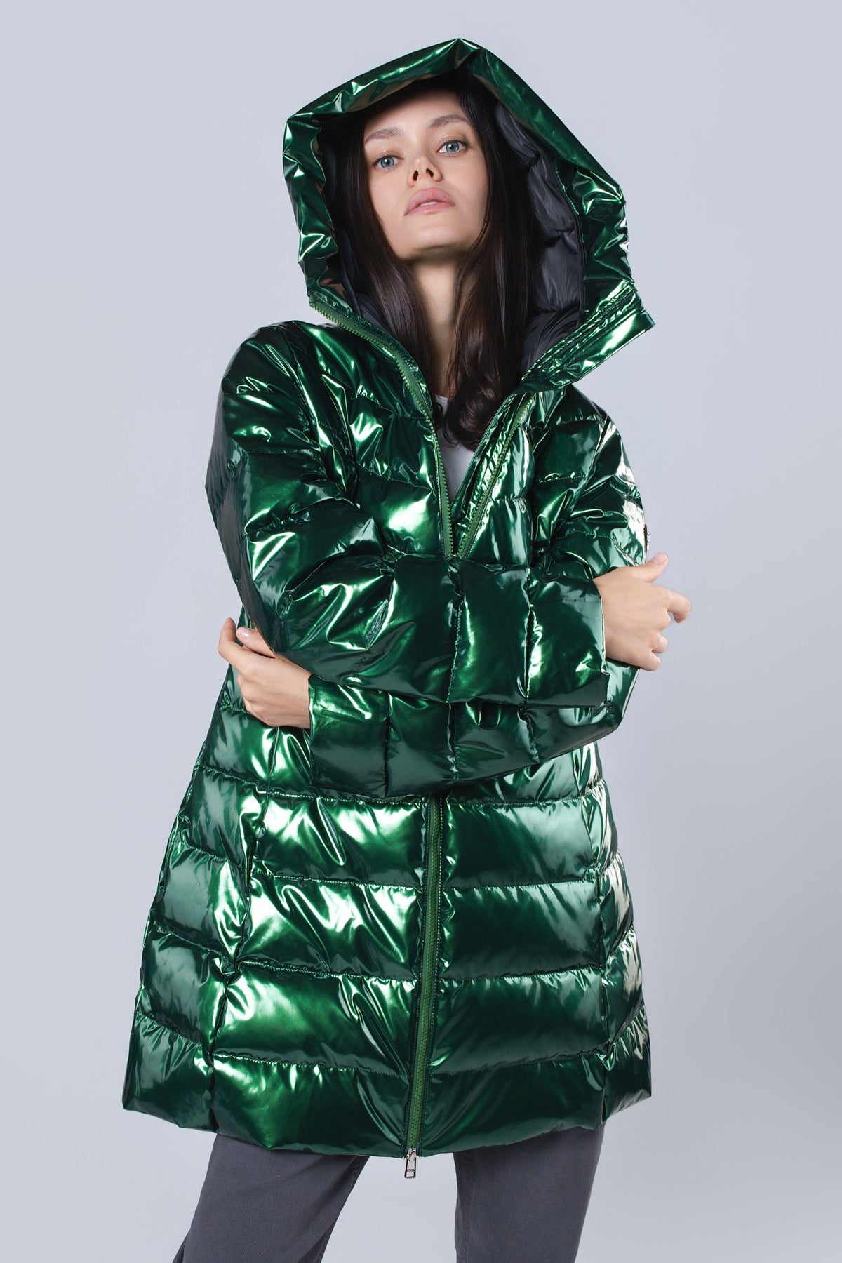 Women's Medium Weight Long Robin Coat - Glossy Green