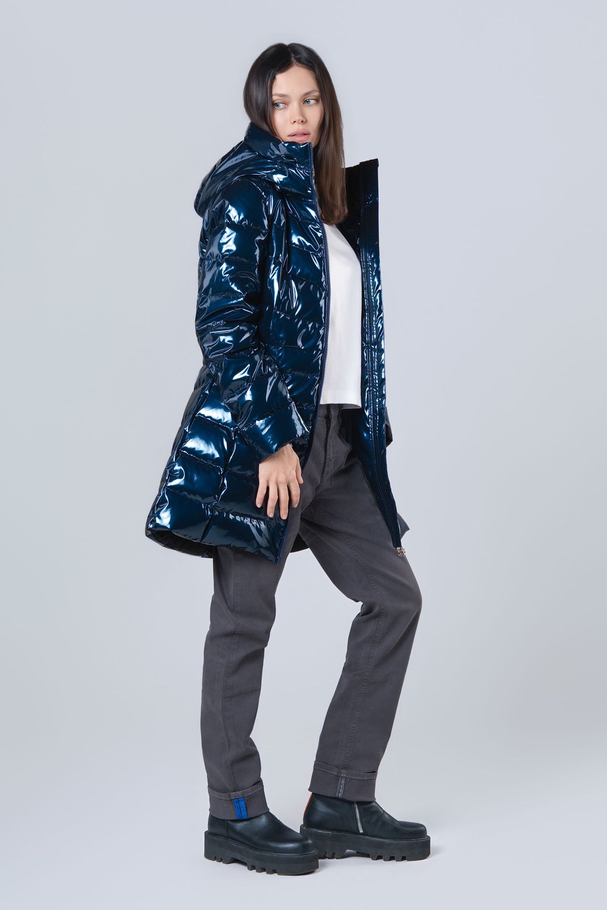 Women's Medium Weight Long Robin Coat - Glossy Navy