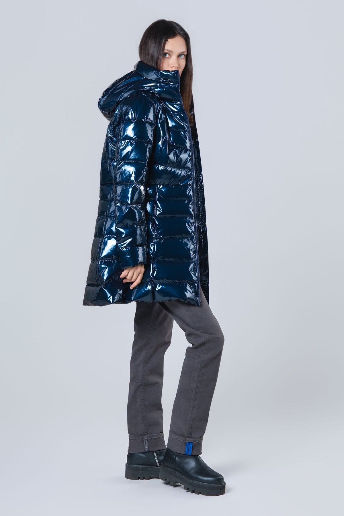 Women's Medium Weight Long Robin Coat - Glossy Navy