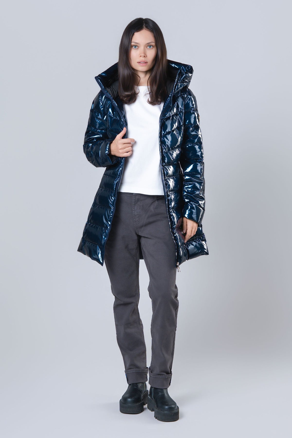 Women's Medium Weight Long Robin Coat - Glossy Navy
