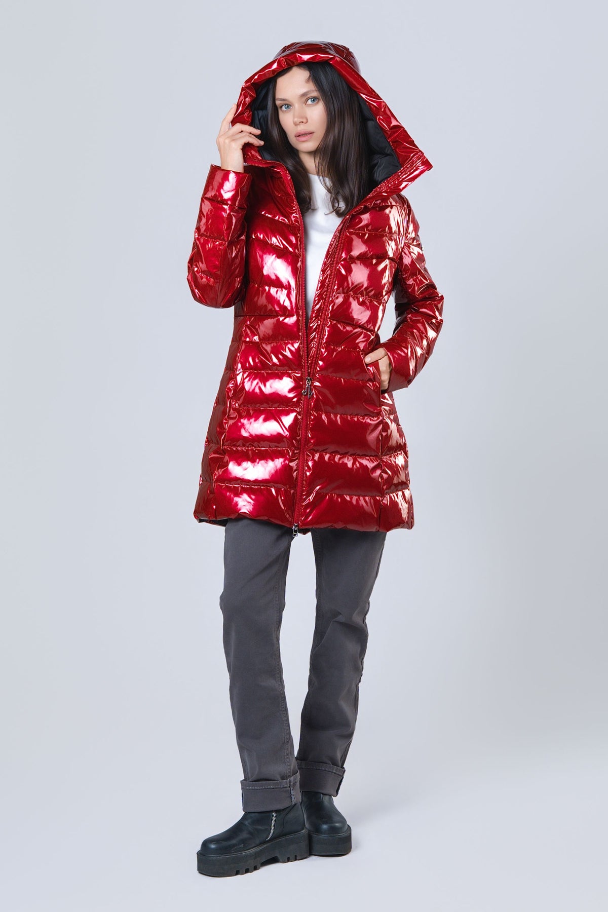 Women's Medium Weight Long Robin Coat - Glossy Red