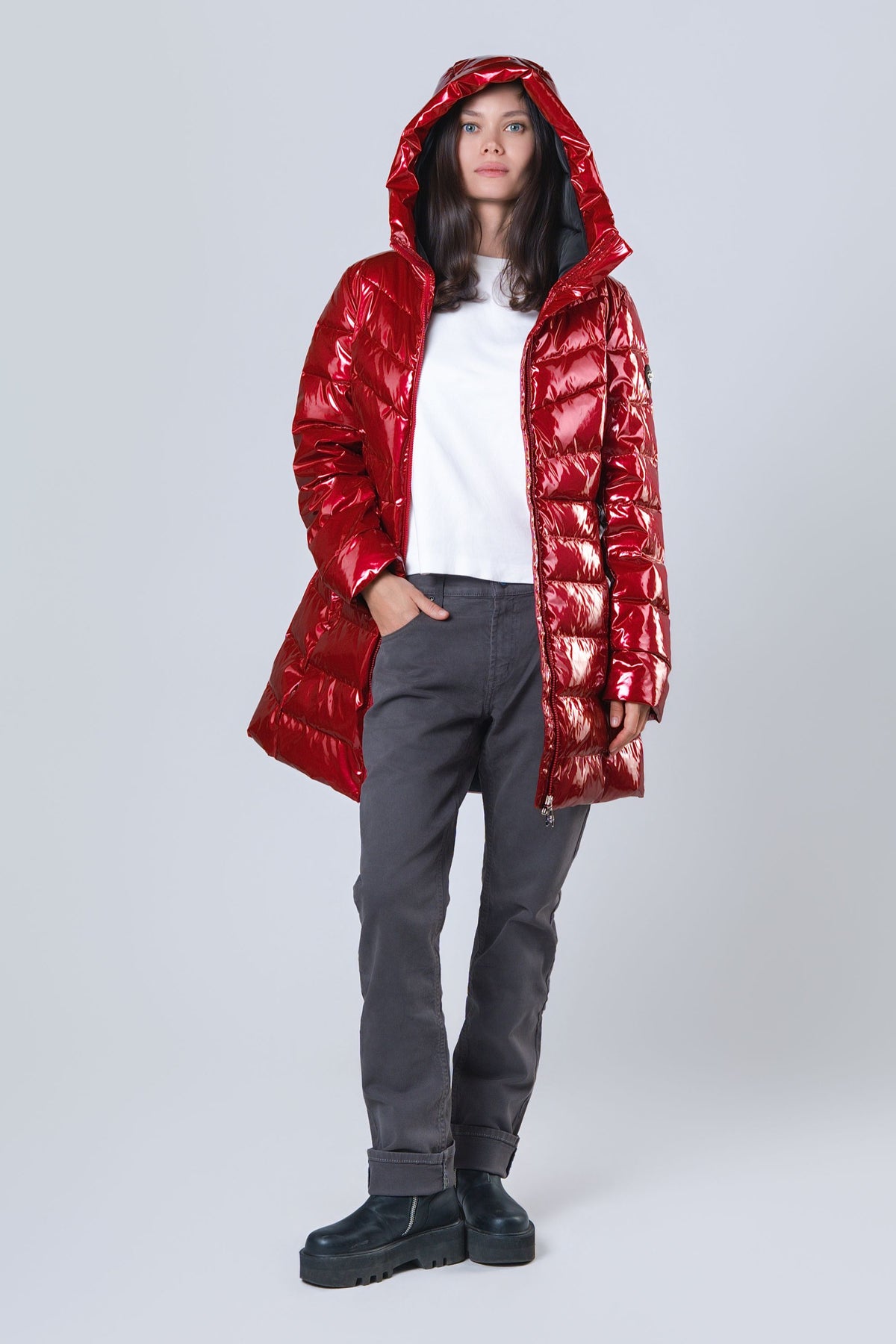 Women's Medium Weight Long Robin Coat - Glossy Red