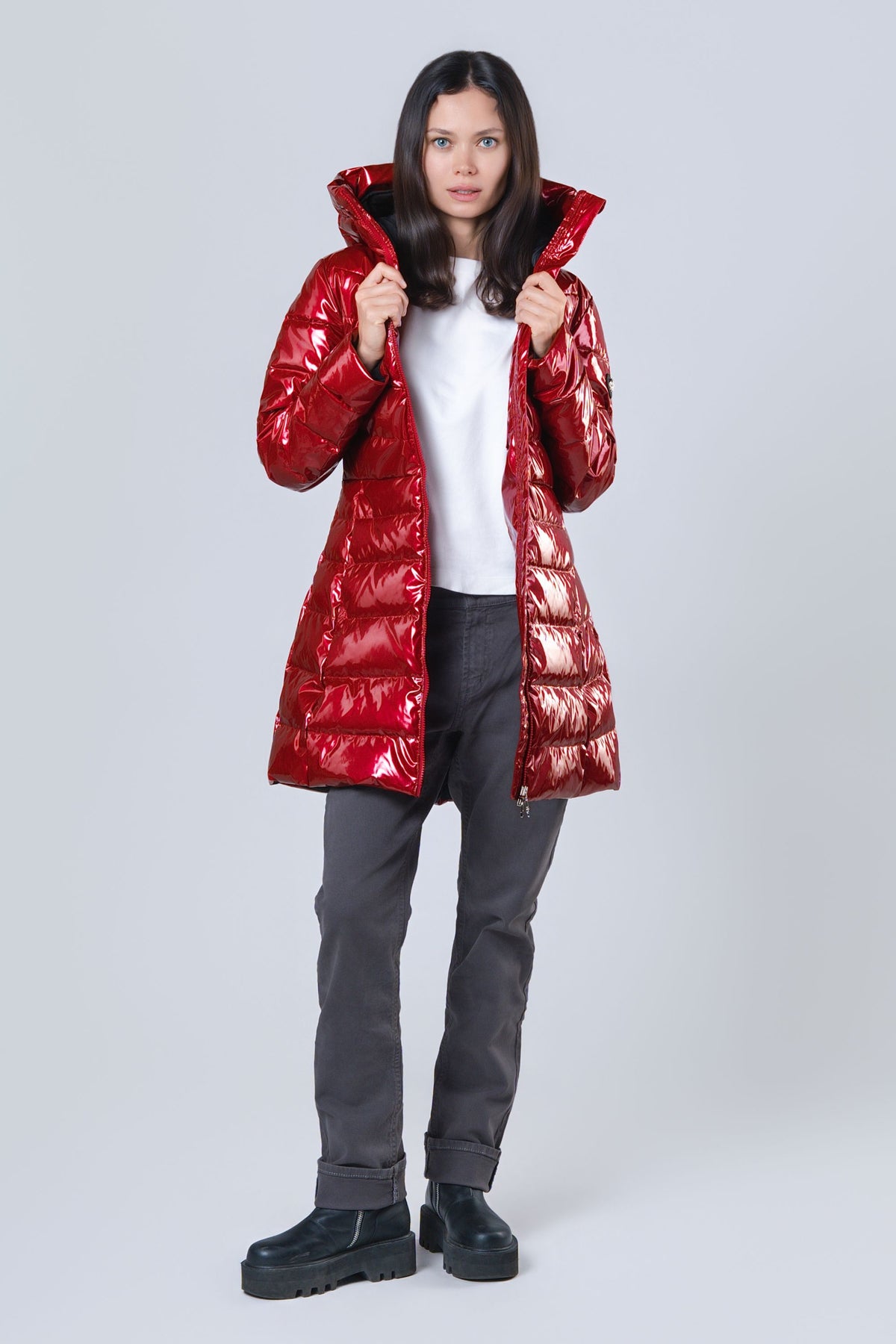 Women's Medium Weight Long Robin Coat - Glossy Red