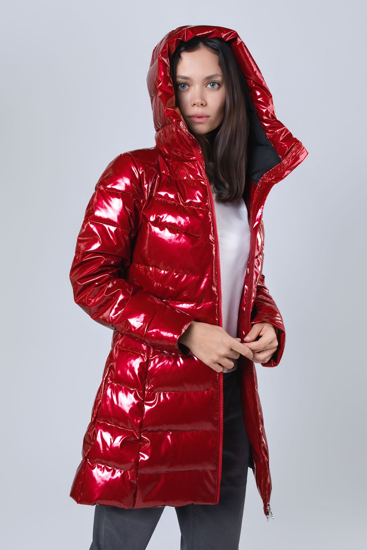 Women's Medium Weight Long Robin Coat - Glossy Red
