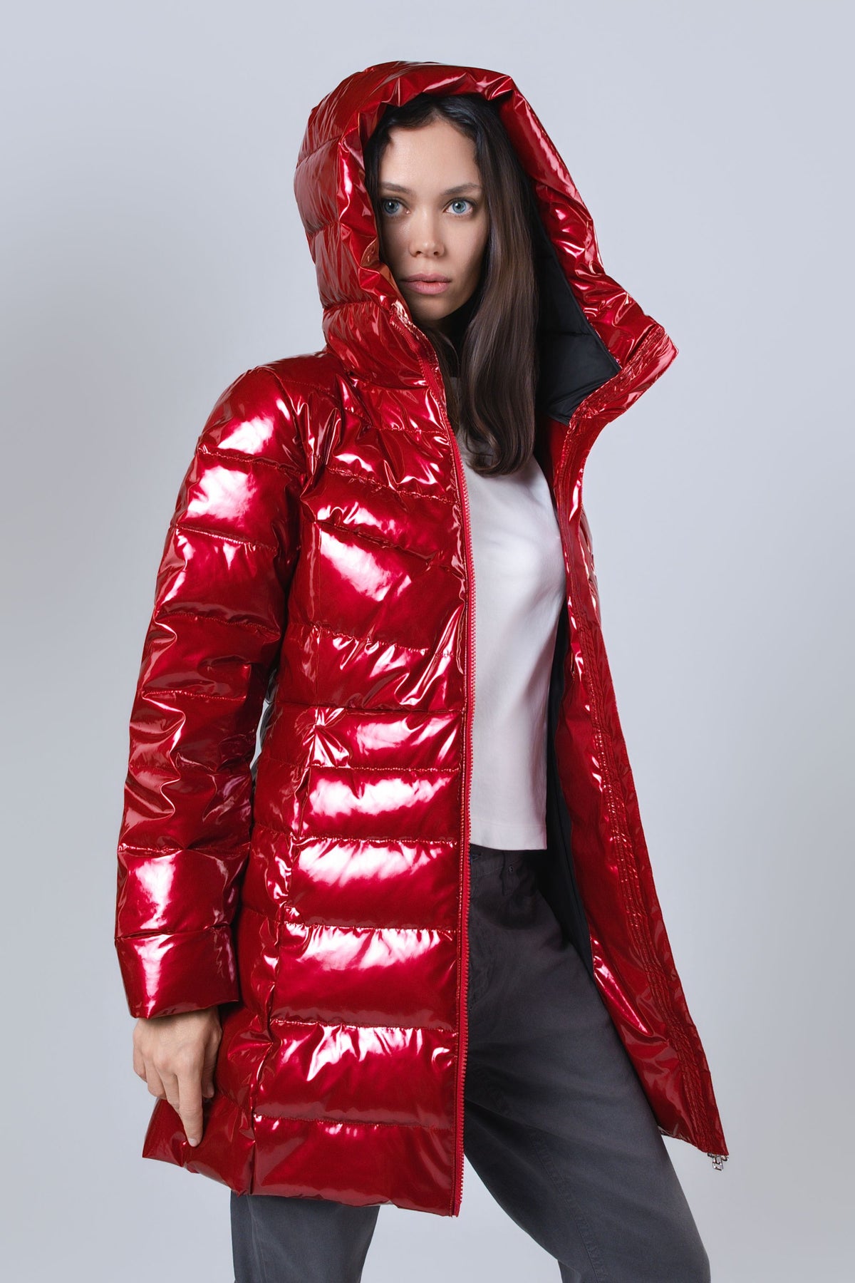 Women's Medium Weight Long Robin Coat - Glossy Red