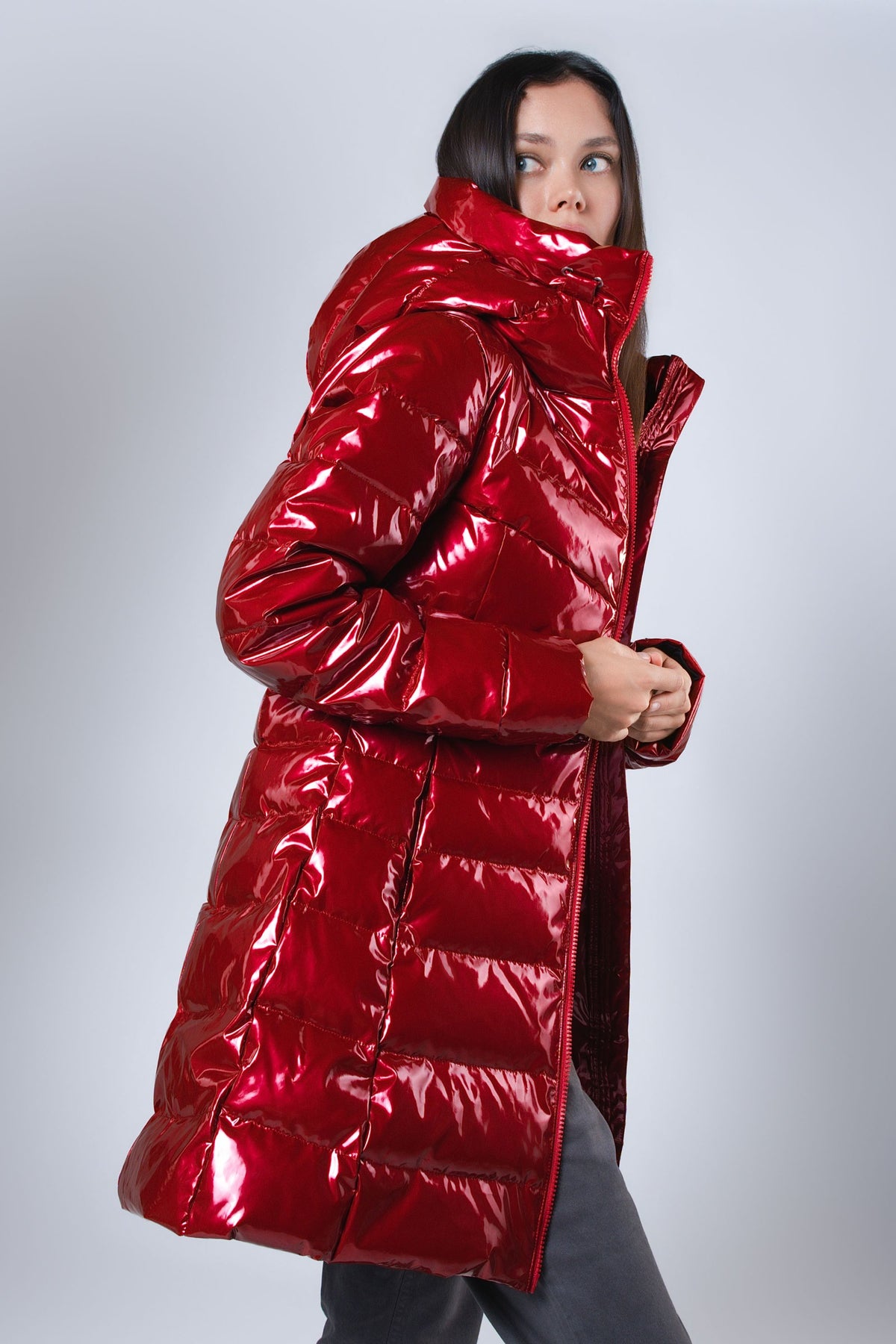 Women's Medium Weight Long Robin Coat - Glossy Red