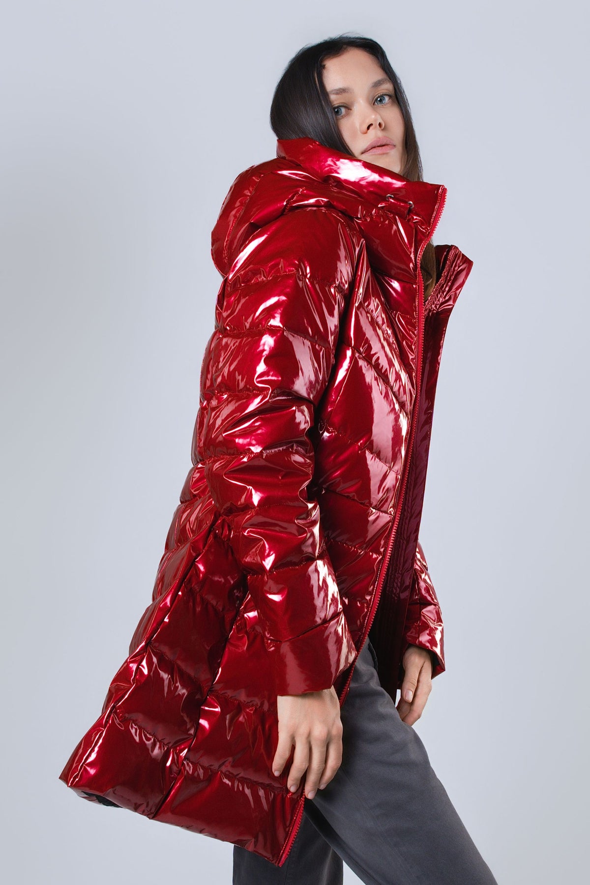 Women's Medium Weight Long Robin Coat - Glossy Red