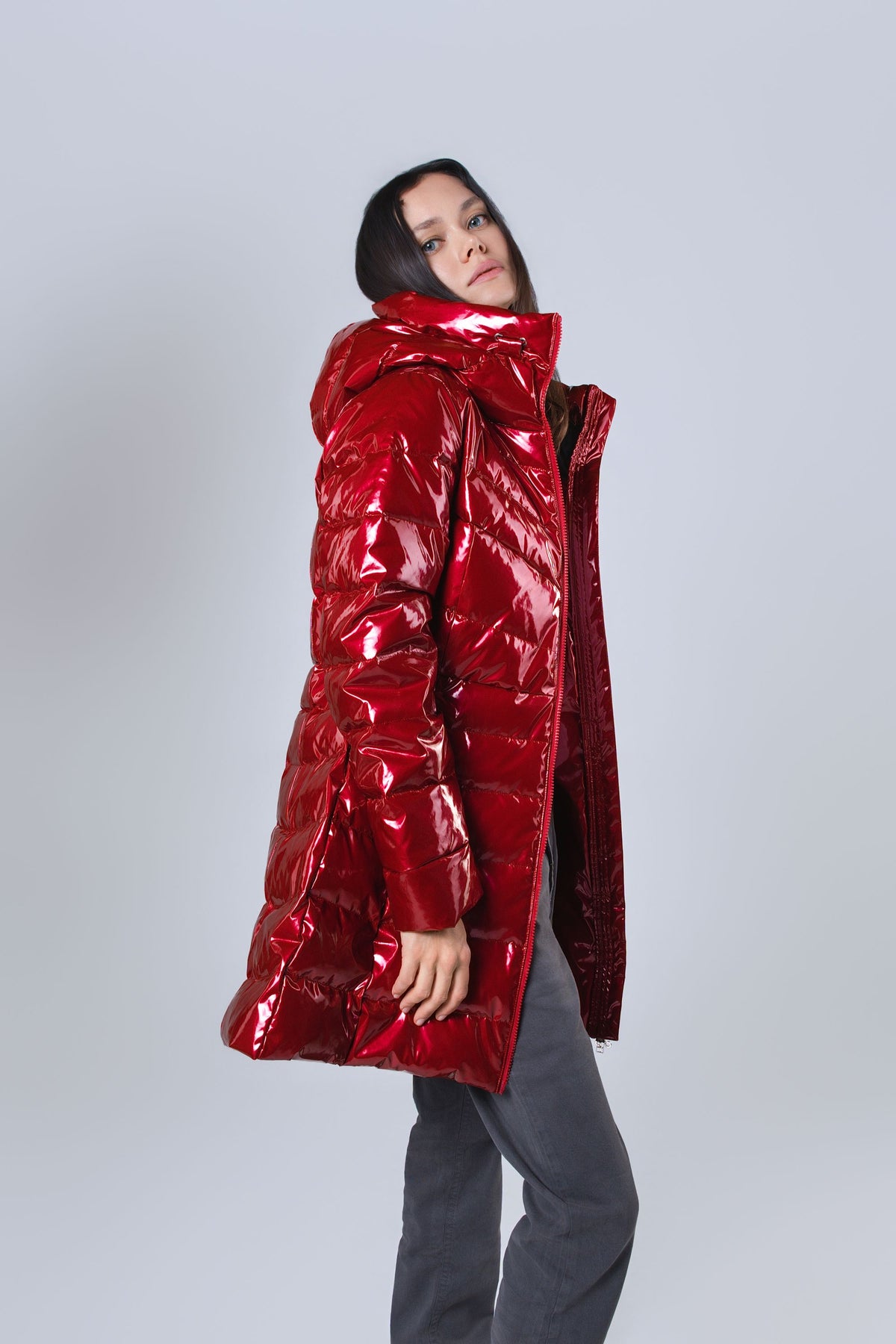 Women's Medium Weight Long Robin Coat - Glossy Red