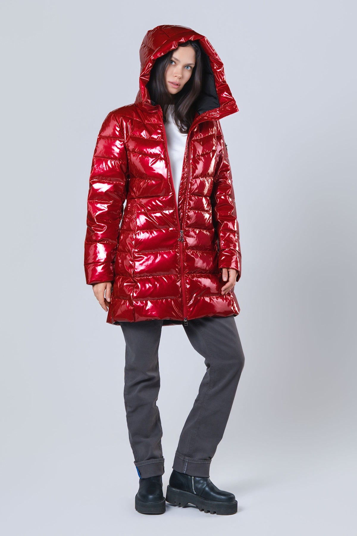 Women's Medium Weight Long Robin Coat - Glossy Red