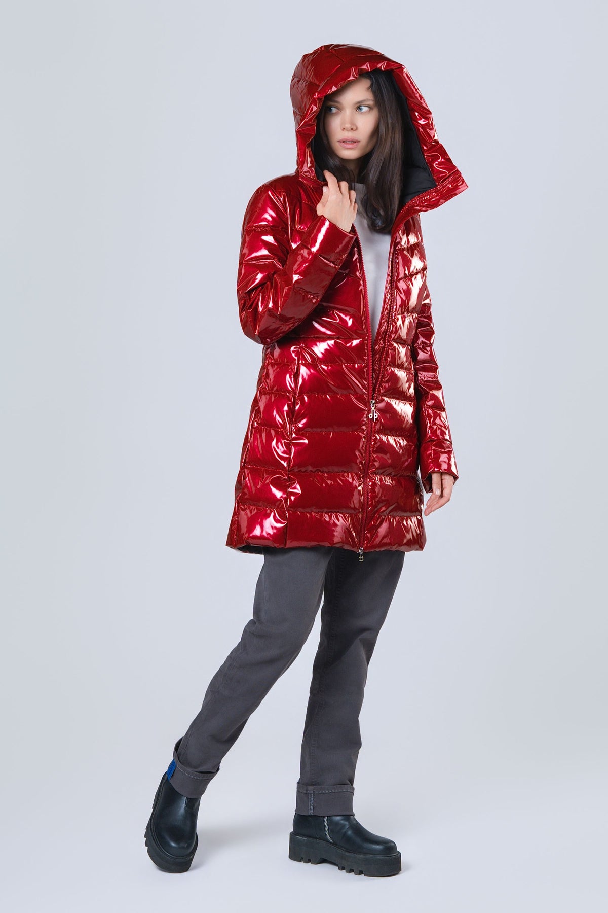 Women's Medium Weight Long Robin Coat - Glossy Red