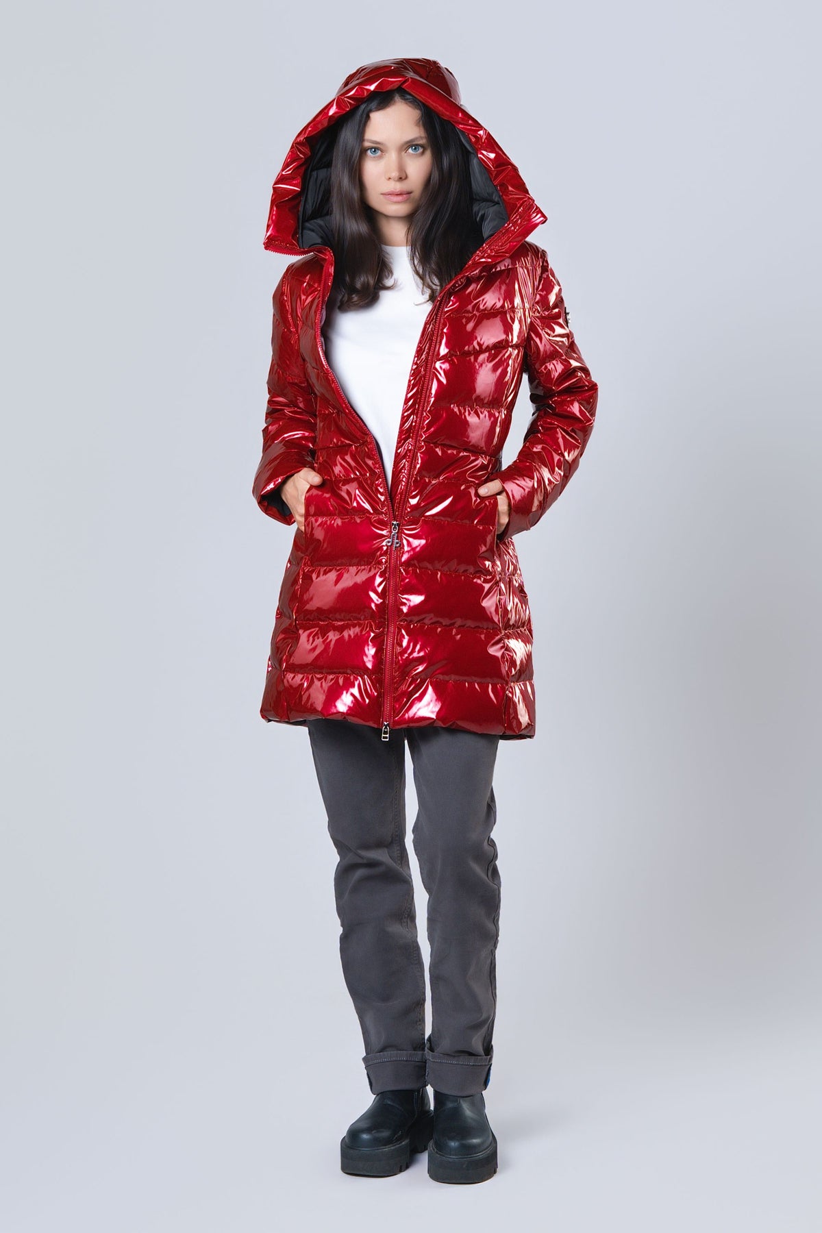 Women's Medium Weight Long Robin Coat - Glossy Red