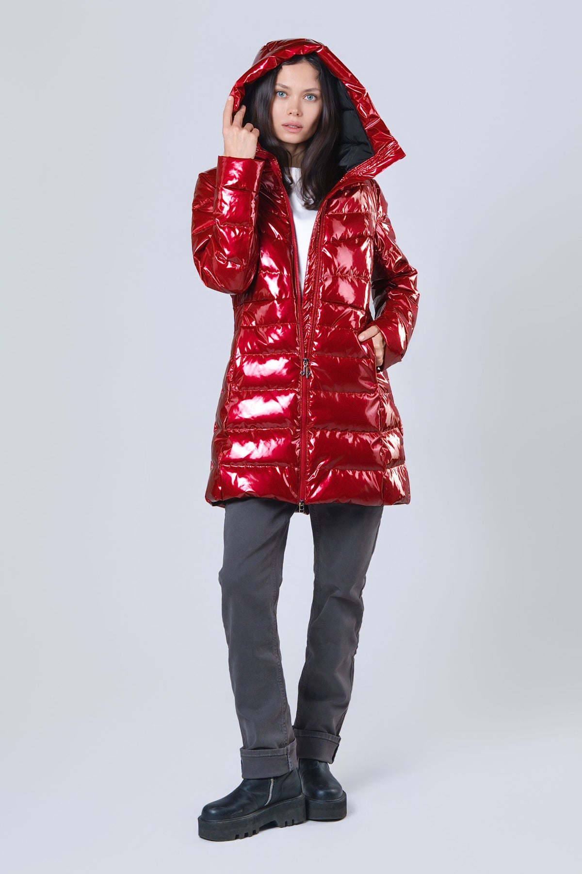 Women's Medium Weight Long Robin Coat - Glossy Red