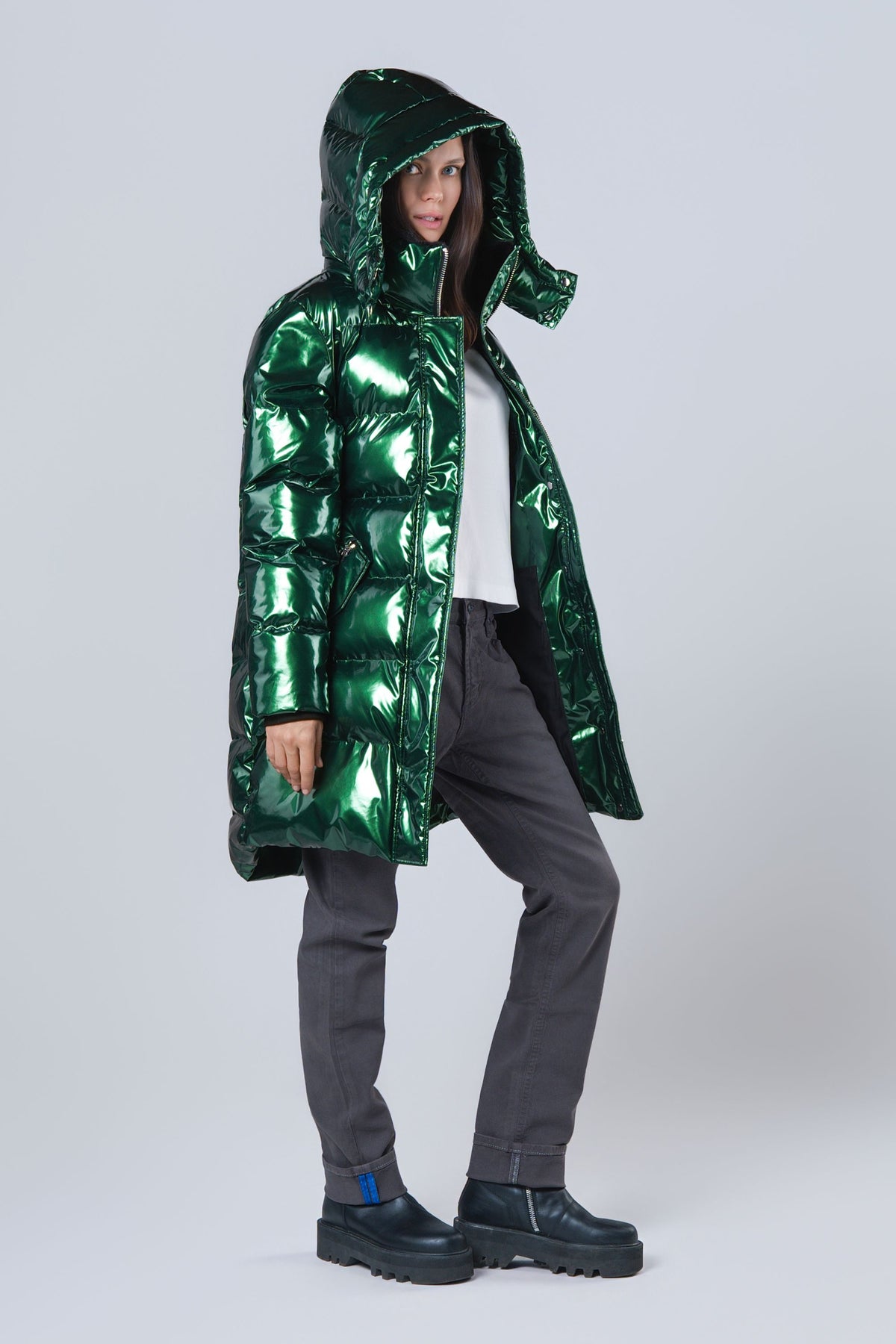 Women's Penguin Long Coat - Glossy Green
