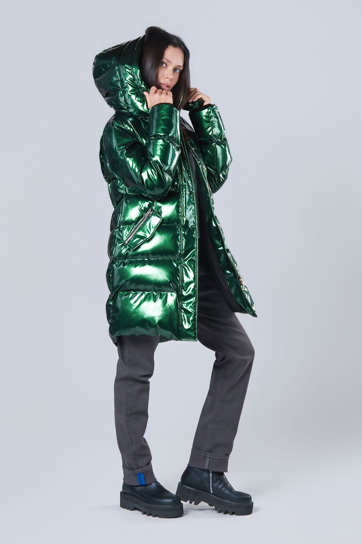 Women's Penguin Long Coat - Glossy Green