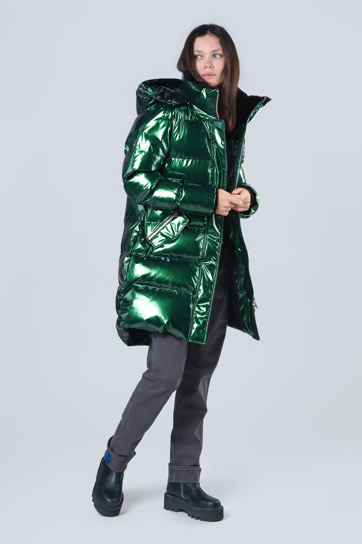 Women's Penguin Long Coat - Glossy Green