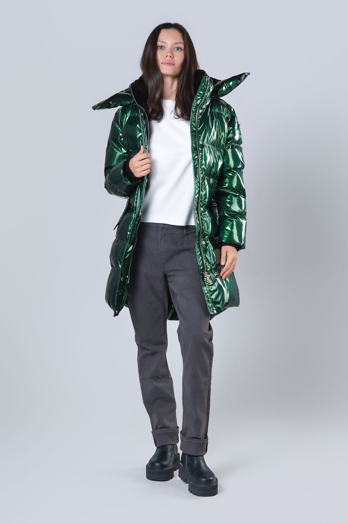 Women's Penguin Long Coat - Glossy Green