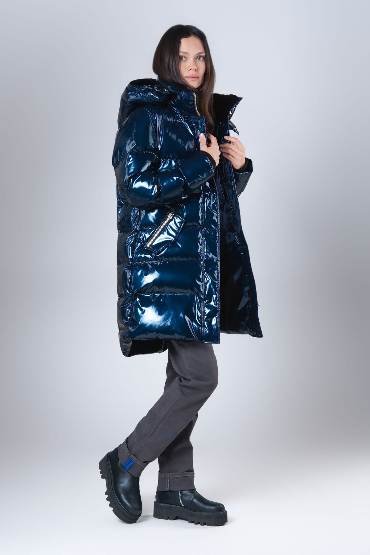 Women's Penguin Long Coat - Glossy Navy