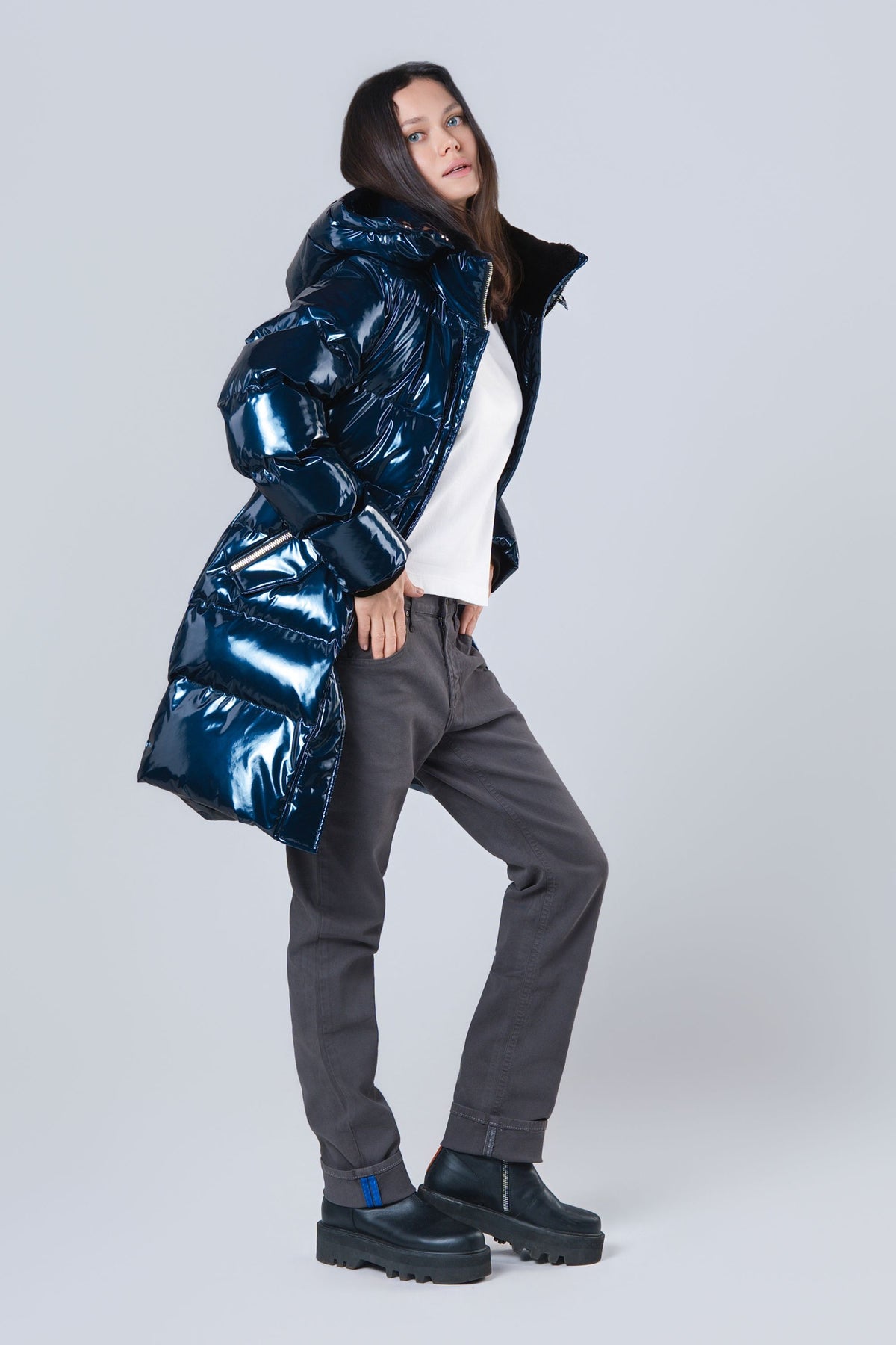 Women's Penguin Long Coat - Glossy Navy