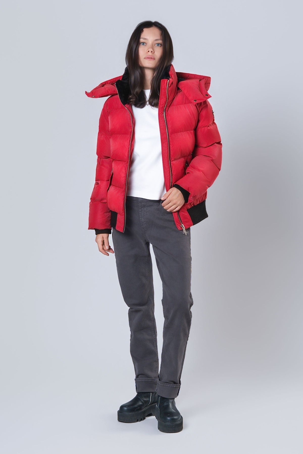 Woman wearing the Woody bomber winter jacket in Red Diamond