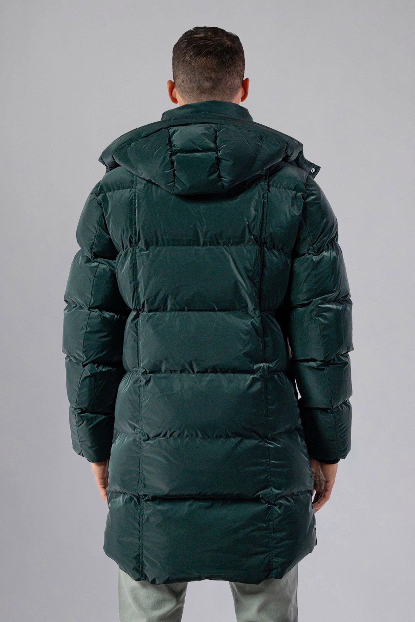 Woodpecker Men's Penguin Long Winter coat. High-end Canadian designer winter coat for men in "Green Diamond" navy blue colour. Woodpecker cruelty-free winter coat designed in Canada. Men's heavy weight long length premium designer jacket for winter. Superior quality warm winter coat for men. Moose Knuckles, Canada Goose, Mackage, Montcler, Will Poho, Willbird, Nic Bayley