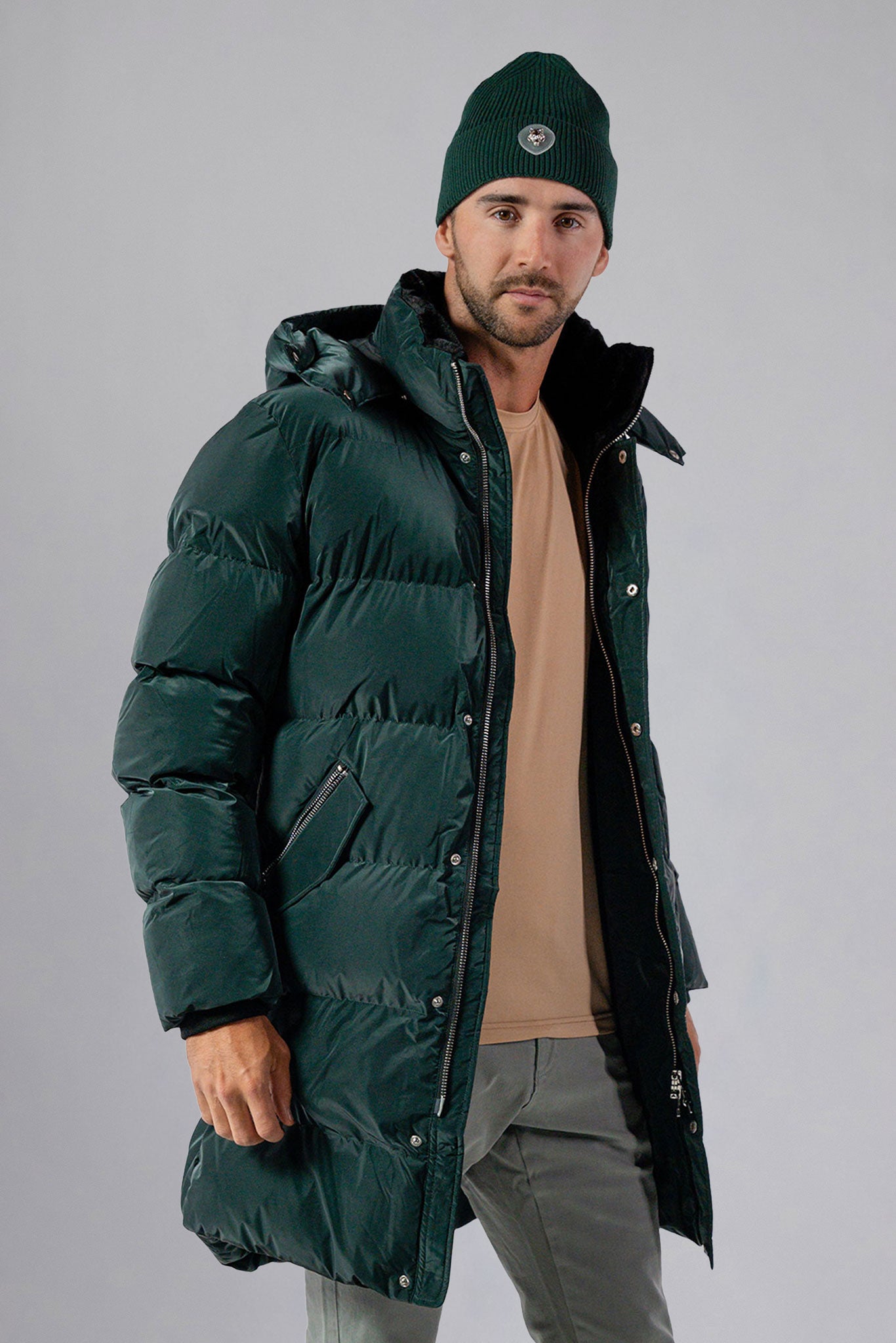 Woodpecker Men's Penguin Long Winter coat. High-end Canadian designer winter coat for men in "Green Diamond" navy blue colour. Woodpecker cruelty-free winter coat designed in Canada. Men's heavy weight long length premium designer jacket for winter. Superior quality warm winter coat for men. Moose Knuckles, Canada Goose, Mackage, Montcler, Will Poho, Willbird, Nic Bayley