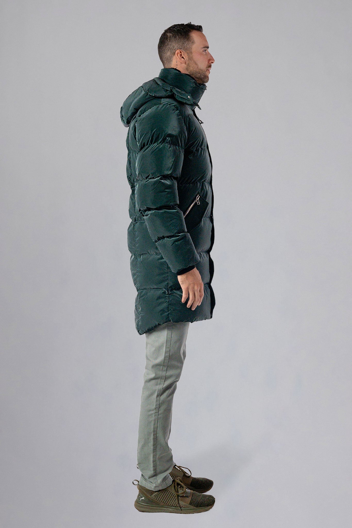 Woodpecker Men&#39;s Penguin Long Winter coat. High-end Canadian designer winter coat for men in &quot;Green Diamond&quot; navy blue colour. Woodpecker cruelty-free winter coat designed in Canada. Men&#39;s heavy weight long length premium designer jacket for winter. Superior quality warm winter coat for men. Moose Knuckles, Canada Goose, Mackage, Montcler, Will Poho, Willbird, Nic Bayley